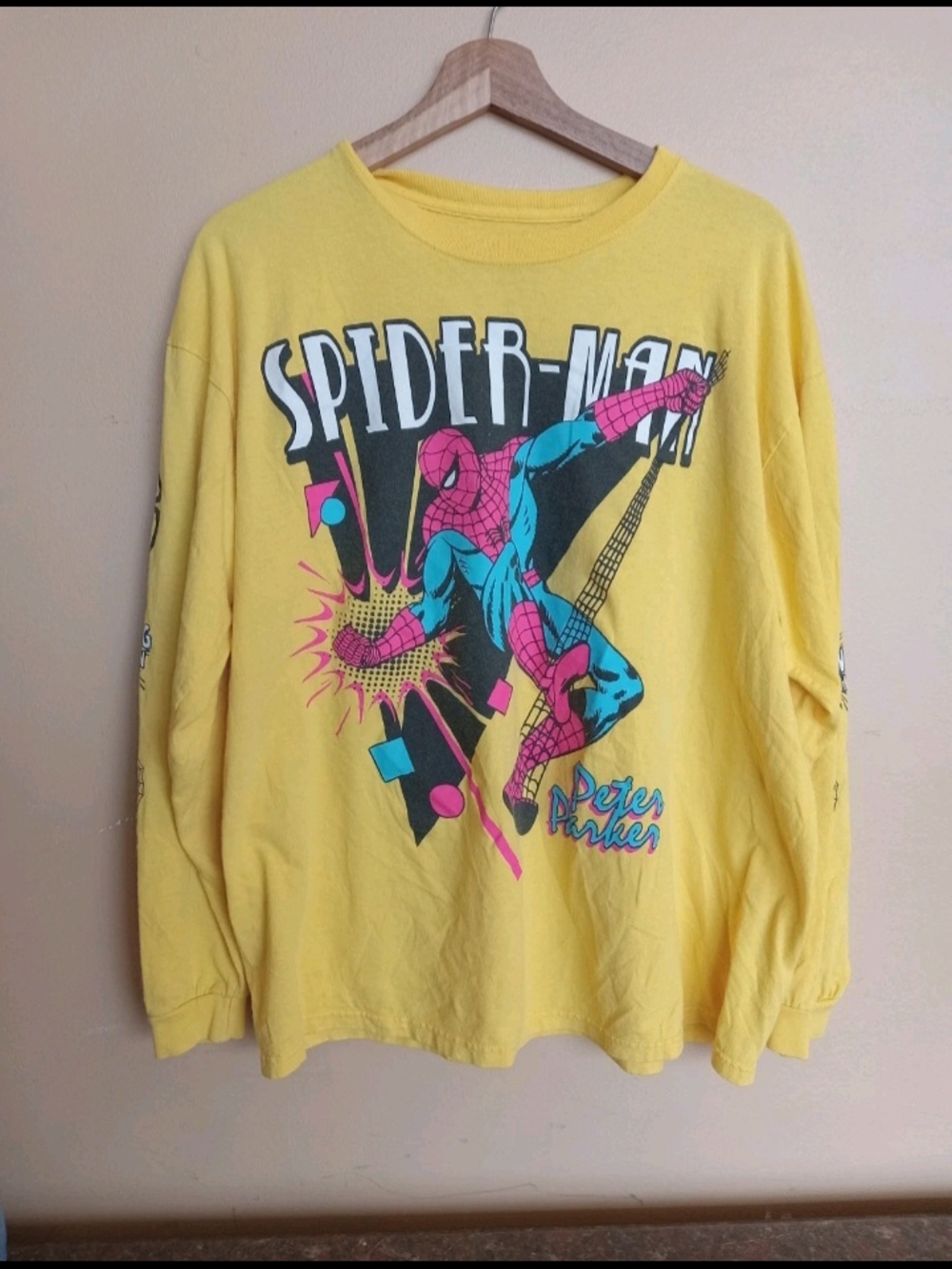 Marvel Yellow Spider-Man Long Sleeve Tee with Pink & Blue Graphic